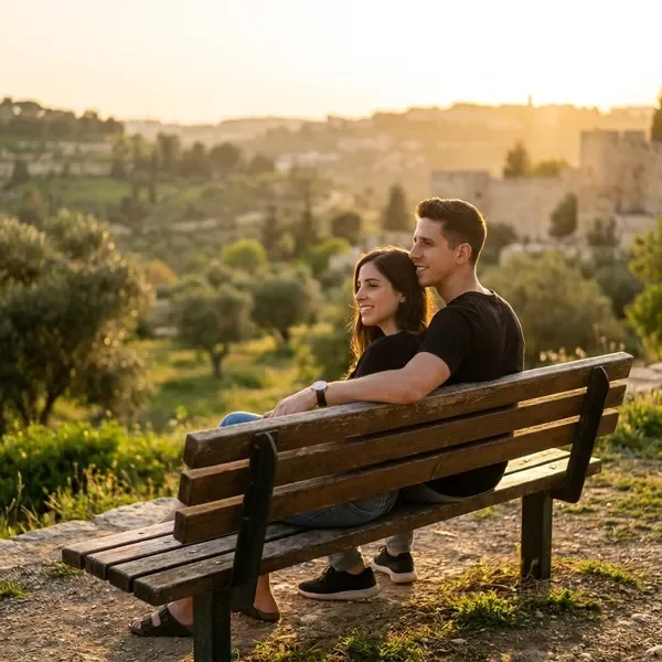 זוג יושב בפארק בשקיעה